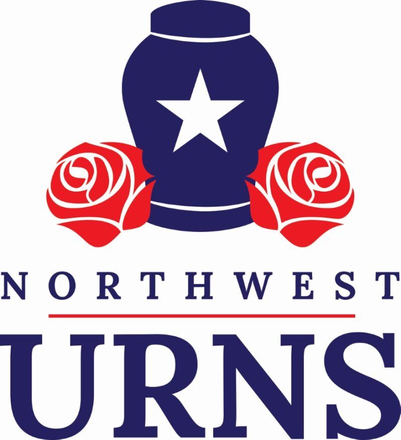 A blue vase with red roses and the words northwest turns.